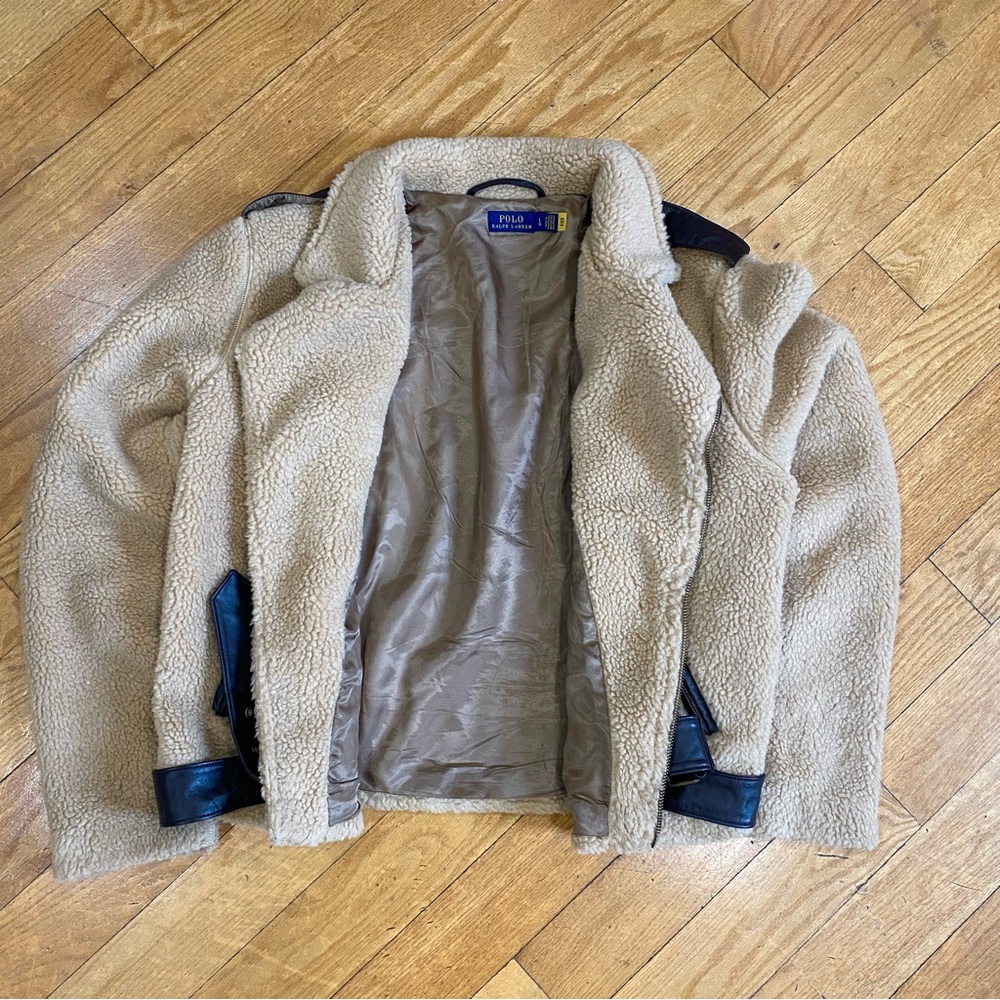 Polo by Ralph Lauren Beige and Black Sherpa Moto Biker Jacket Women’s Size Large - Picture 7 of 11